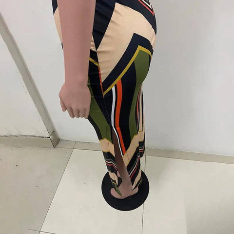 Colorful Striped Print Side Slit Maxi Dress Women Colorblock-4