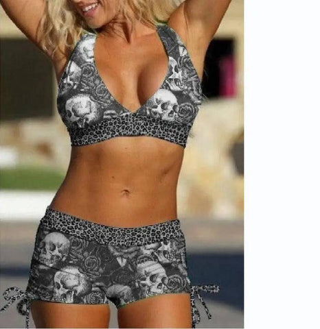 Conservative Bikini Ladies Skull Print Resort Swimsuit-Picture4-3
