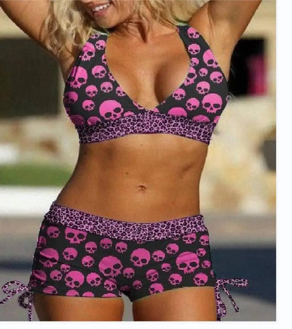 Conservative Bikini Ladies Skull Print Resort Swimsuit-Picture5-4