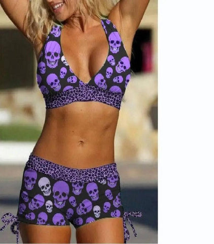 Conservative Bikini Ladies Skull Print Resort Swimsuit-Picture6-7