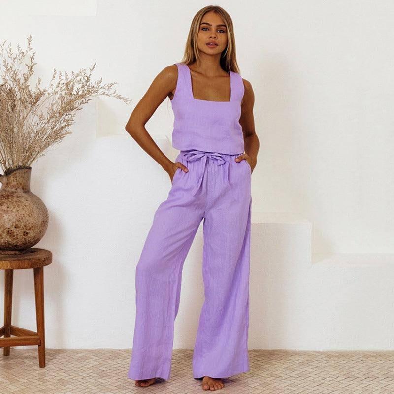 Cotton And Linen Wholesale Vest Sleeveless Trousers Loose-Purple-1
