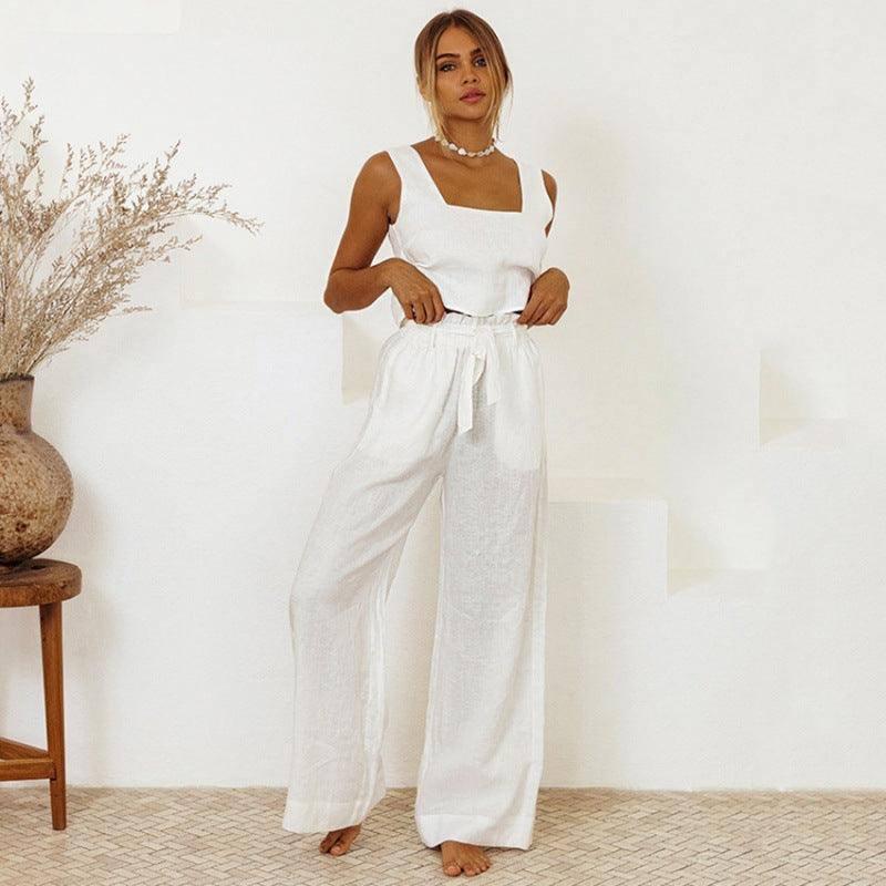 Cotton And Linen Wholesale Vest Sleeveless Trousers Loose-White-4