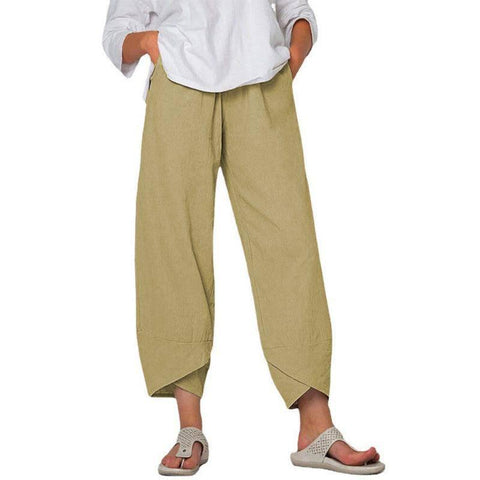 Cotton And Linen Wide Leg Pants Solid Color High Waist Loose-Khaki-10