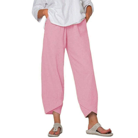 Cotton And Linen Wide Leg Pants Solid Color High Waist Loose-Pink-2