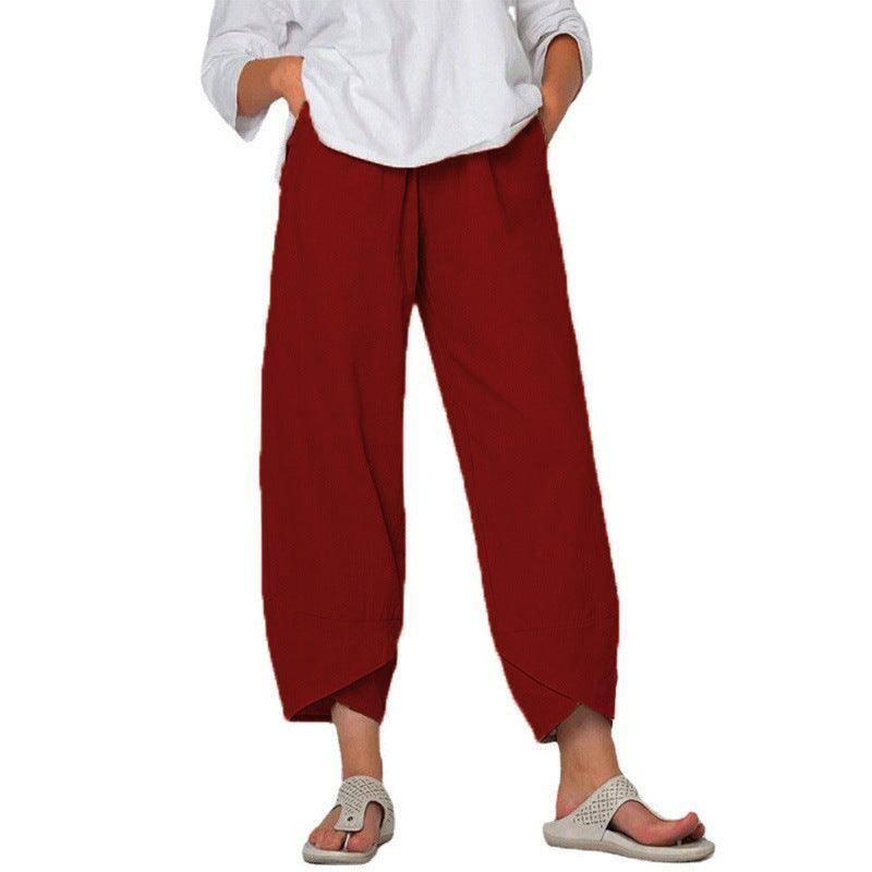 Cotton And Linen Wide Leg Pants Solid Color High Waist Loose-Wine Red-3