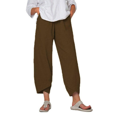 Cotton And Linen Wide Leg Pants Solid Color High Waist Loose-Coffee-4