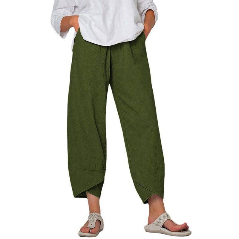 Cotton And Linen Wide Leg Pants Solid Color High Waist Loose-Army Green-7