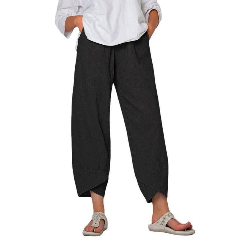 Cotton And Linen Wide Leg Pants Solid Color High Waist Loose-Black-8