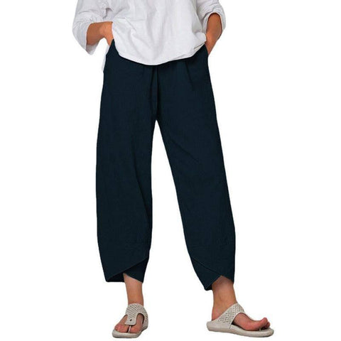 Cotton And Linen Wide Leg Pants Solid Color High Waist Loose-Navy Blue-9