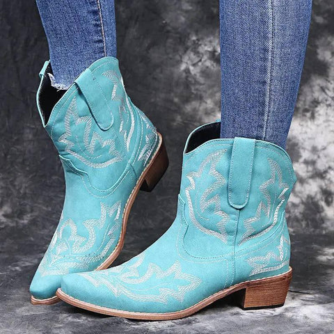 Cowboy Boots Women Embroidery Wedge Heel Shoes Western-Blue-6