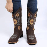 Cowboy Boots Women Sunflower Embroidery Shoes Low Heel-3