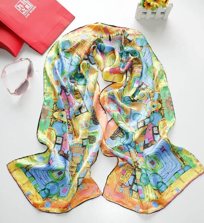 Crepe Satin Long Scarf Women 160x45 Shawl-Oil Painting-6