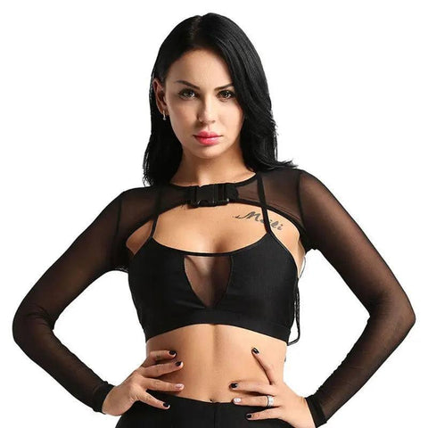 Crop Top Transparent Long Sleeve Front with Button-Black-1