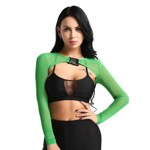 Crop Top Transparent Long Sleeve Front with Button-Green-7