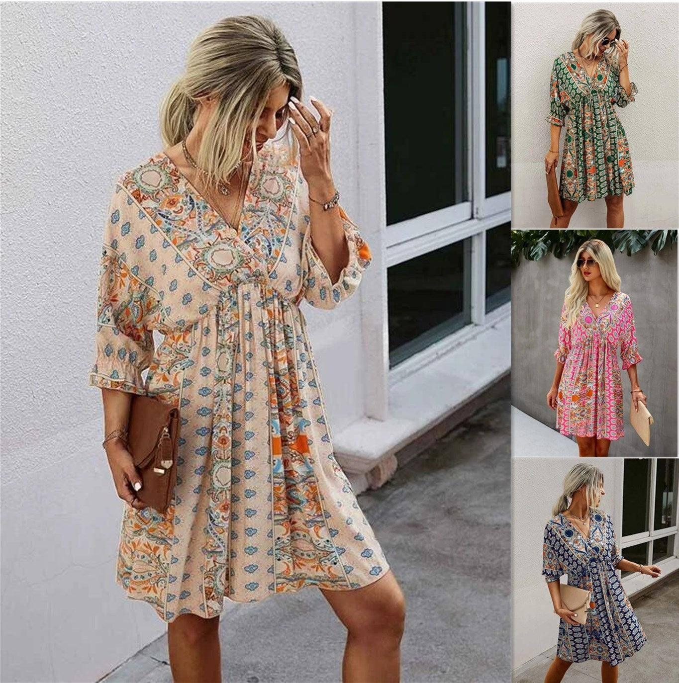 Cross-border Sexy V-neck Waist Trimming Printing Dress-2