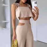 Cross-border Solid Color Sling Top Casual Hollow-out Trousers Suit-2