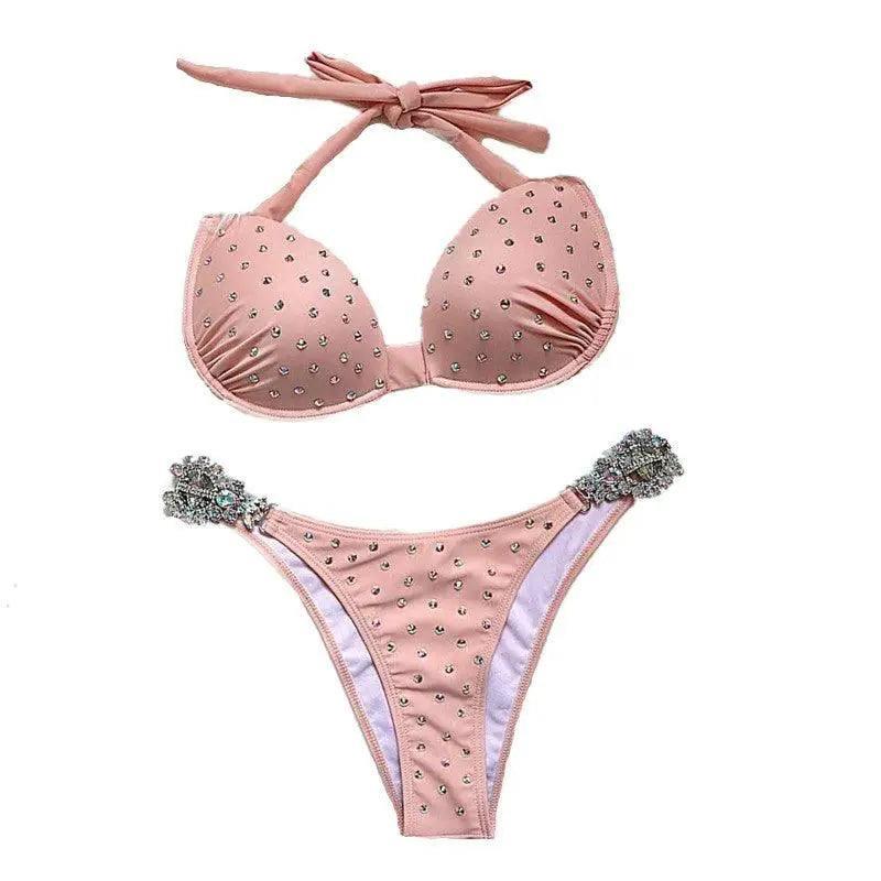 Crystal Diamond Bikini High End Triangle Strap Bikini-Pink-2