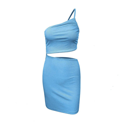 Design Sense Niche Shoulder Drawstring Dress Women-6191 Light Blue-11
