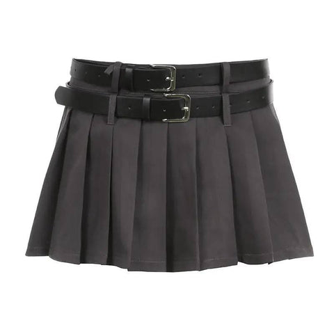 Double Waistband Pleated Short Skirt With Lining-Gray-2
