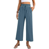 Drawstring High Waist Straight Pants Summer Casual Solid-Blue-3