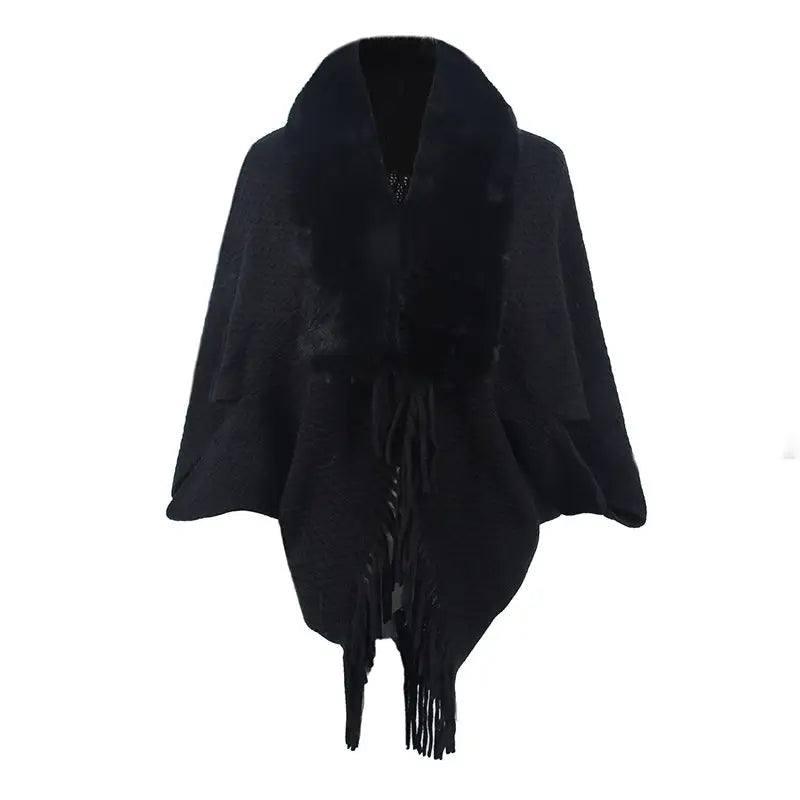 Drizzling Fur Collar Knitted Tassel Cape Coat Women-Black-8