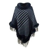 Drizzling Fur Collar Pullover Tassel Knitted Cape For Women-Navy Blue-4