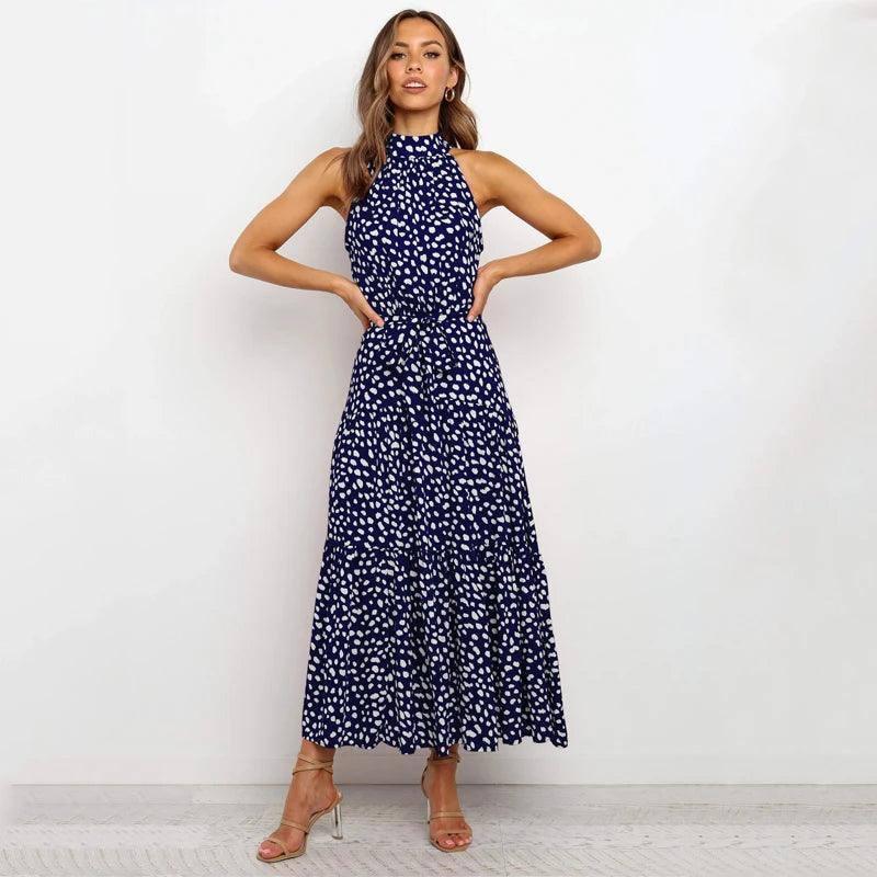 Elegant Floral Halter Midi Dress | Trendy Summer Fashion-Royal Blue-3