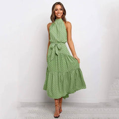 Elegant Floral Halter Midi Dress | Trendy Summer Fashion-Green 100 Polyester-4