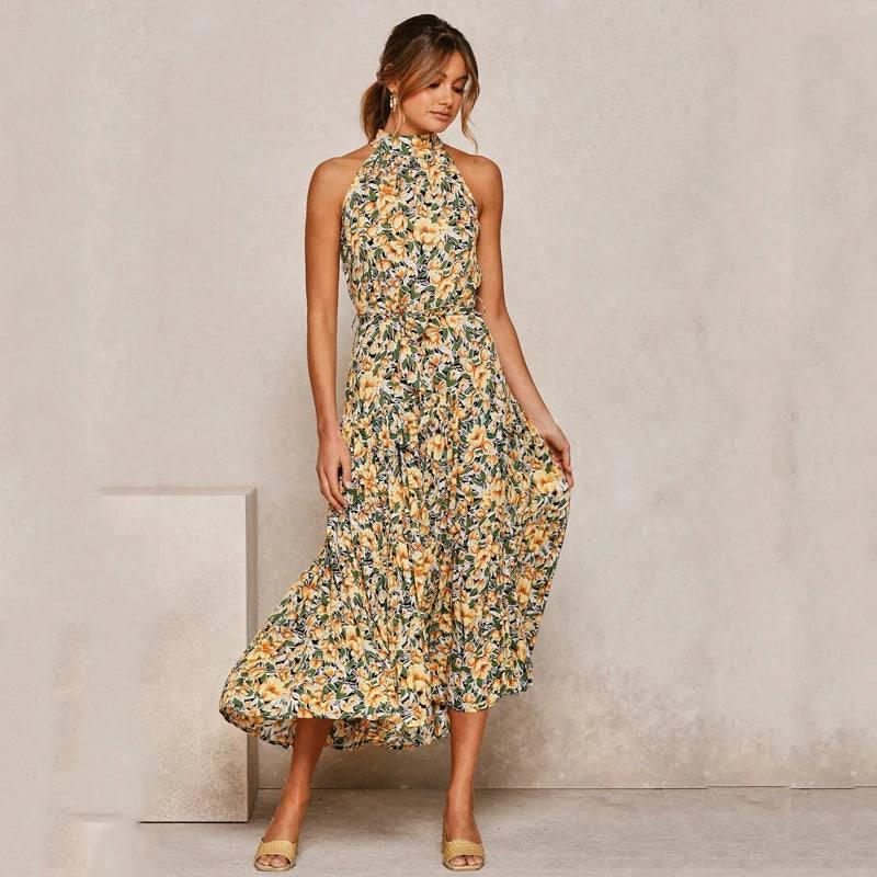 Elegant Floral Halter Midi Dress | Trendy Summer Fashion-Yellow 100 Polyester 1-6