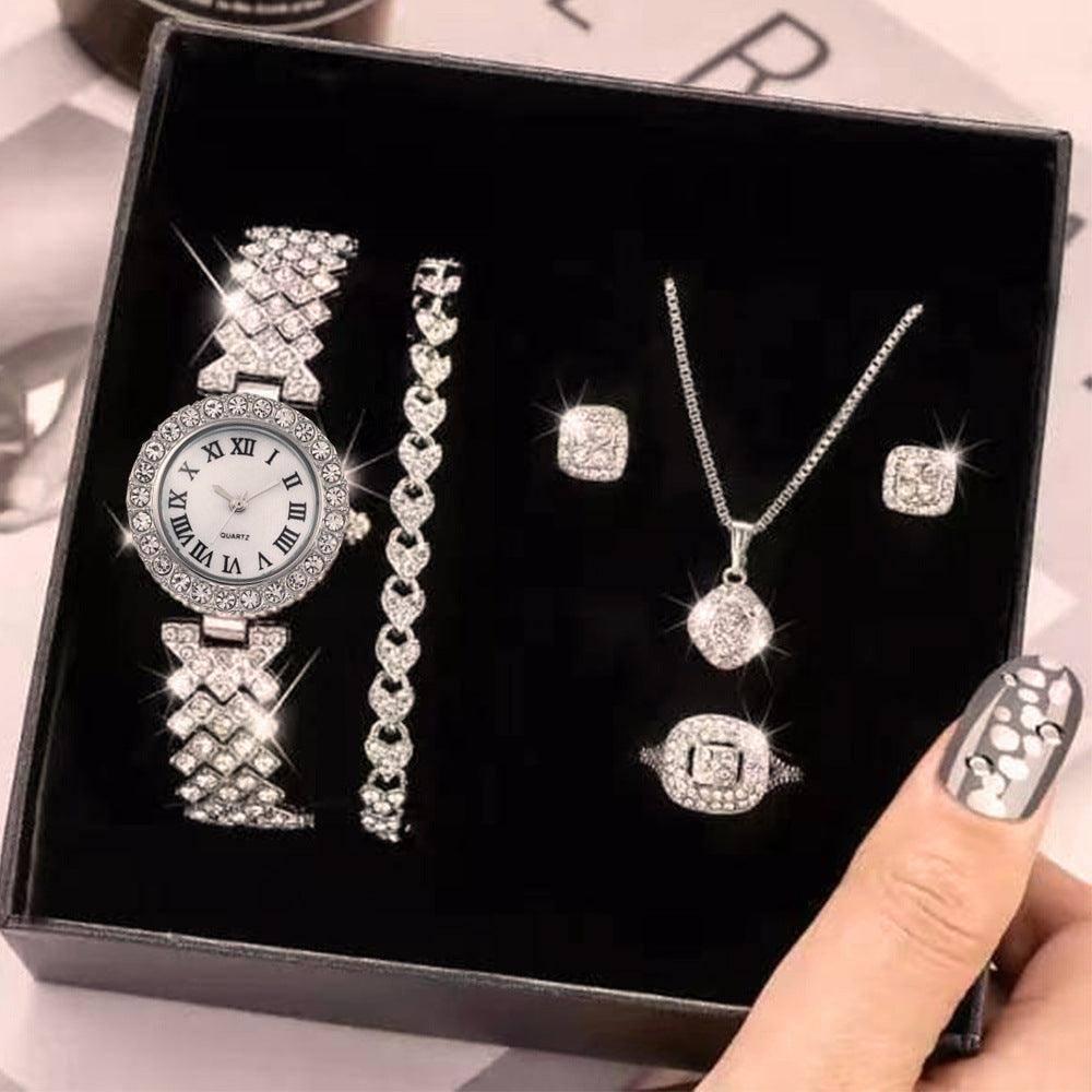 Elegant Gold Jewelry Set: Watch, Necklace & Earrings-Silver-3