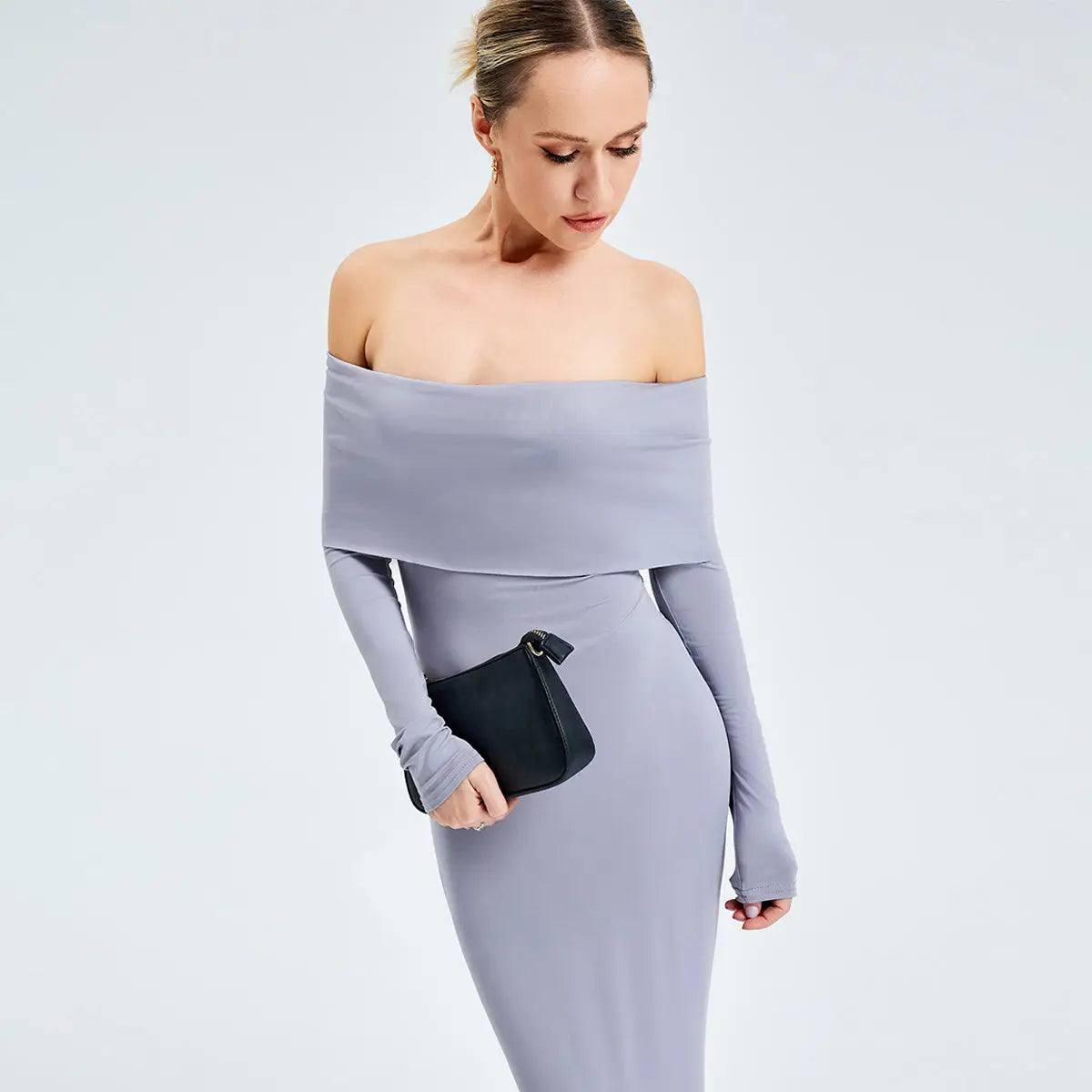Elegant Off-shoulder Long-sleeved Long Dress-Purple-1