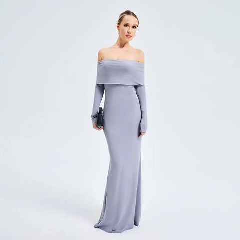 Elegant Off-shoulder Long-sleeved Long Dress-4