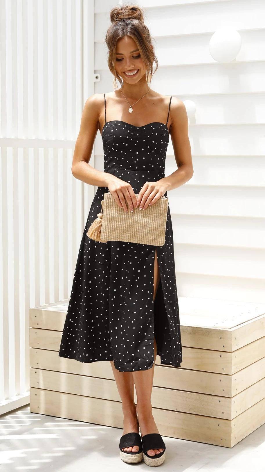 Elegant Polka Dot Slit Dress with Sexy Suspender Design-2