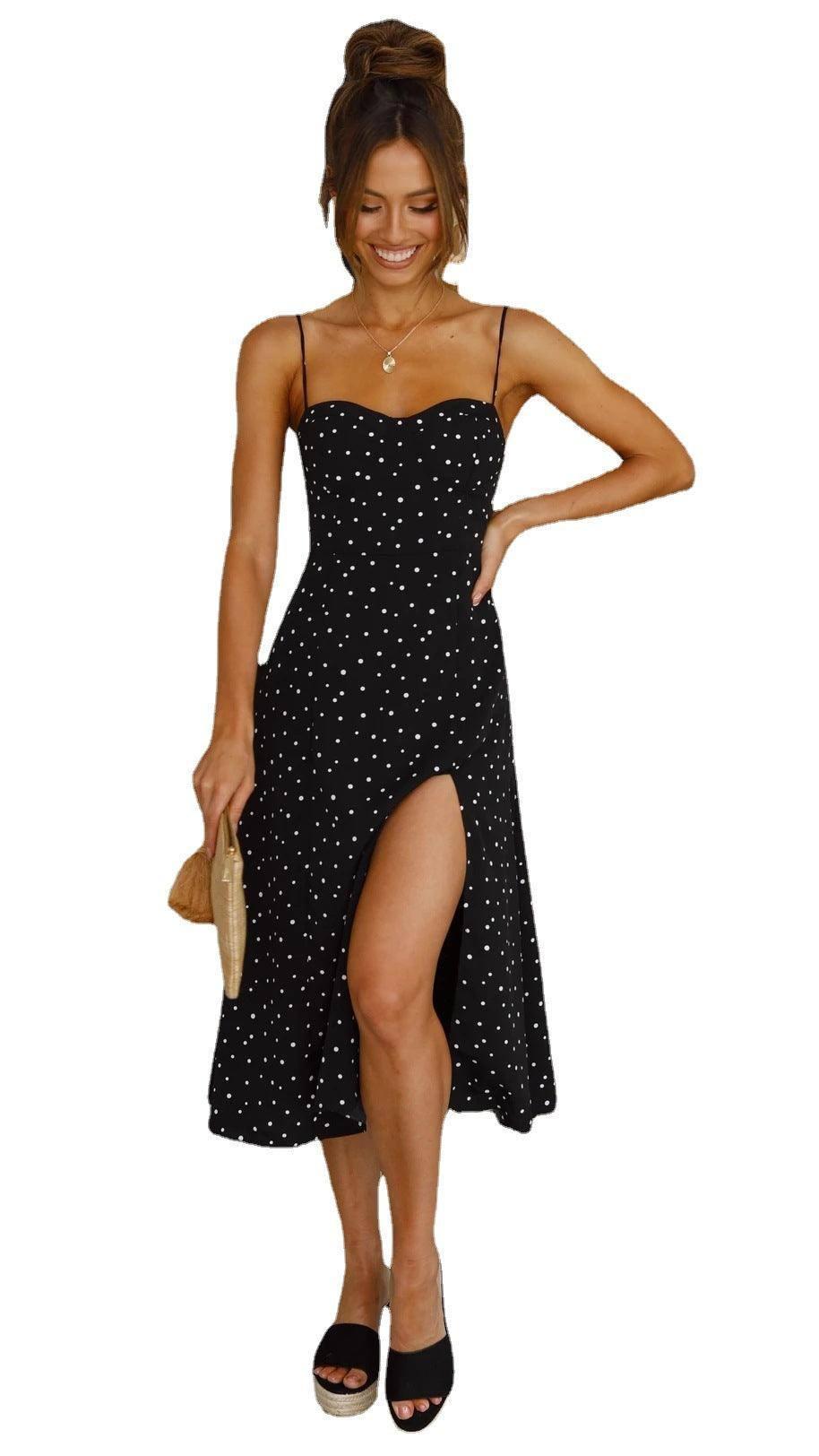 Elegant Polka Dot Slit Dress with Sexy Suspender Design-S-5