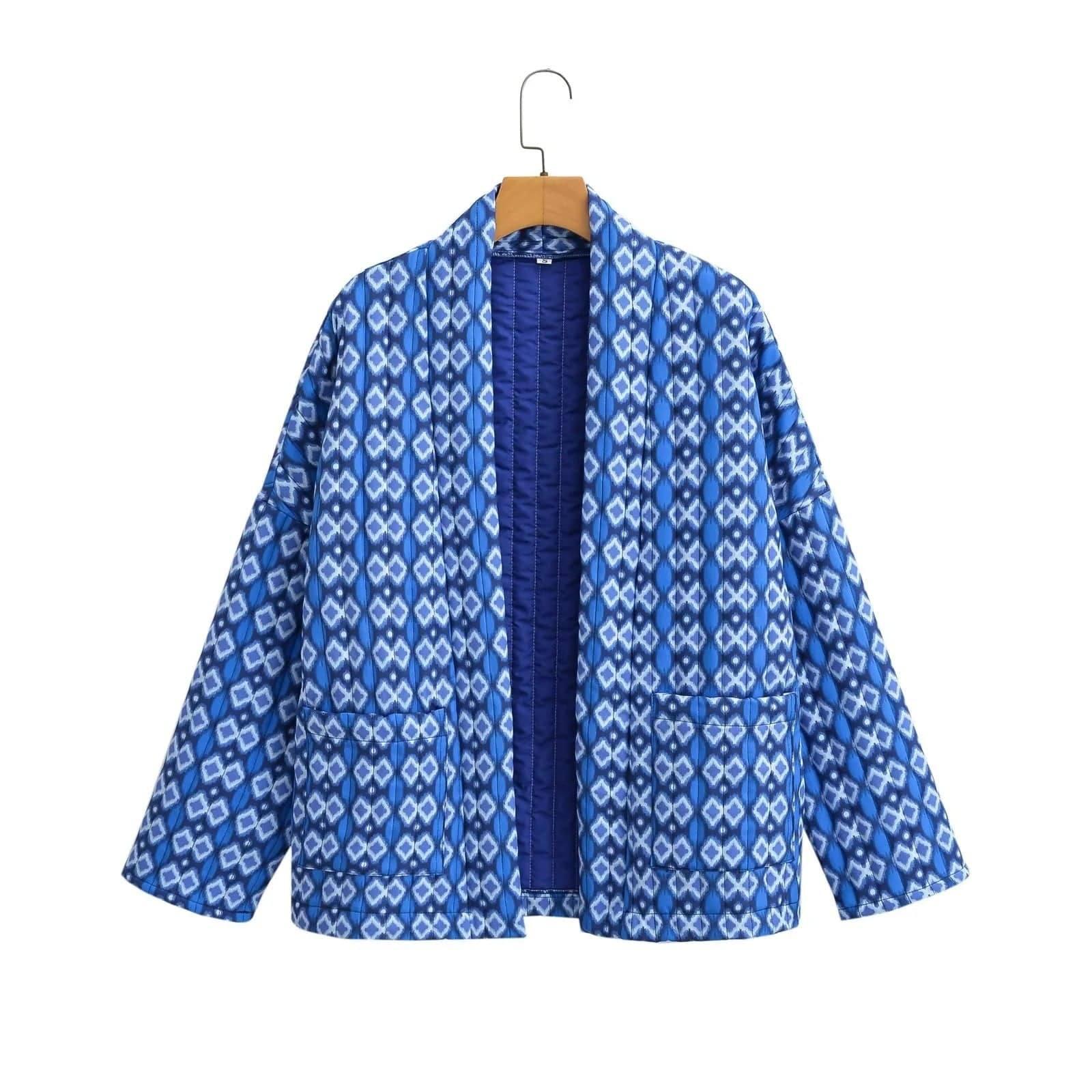 Elegant Printed Women's Cotton-padded Clothing Coat-Floral Jacket Blue-6