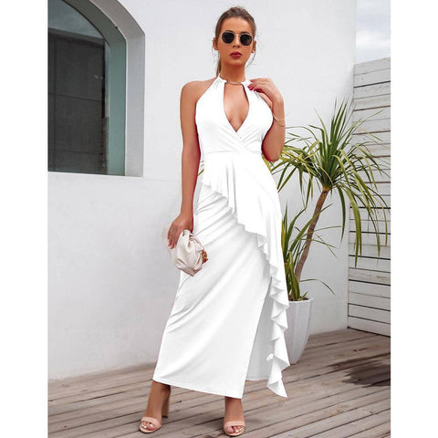 Elegant Slit Pleated Suspender Evening Dress for Women-White-4