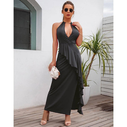 Elegant Slit Pleated Suspender Evening Dress for Women-Black-5