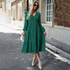 Elegant Solid Color And V-neck Long Dress-Green-4