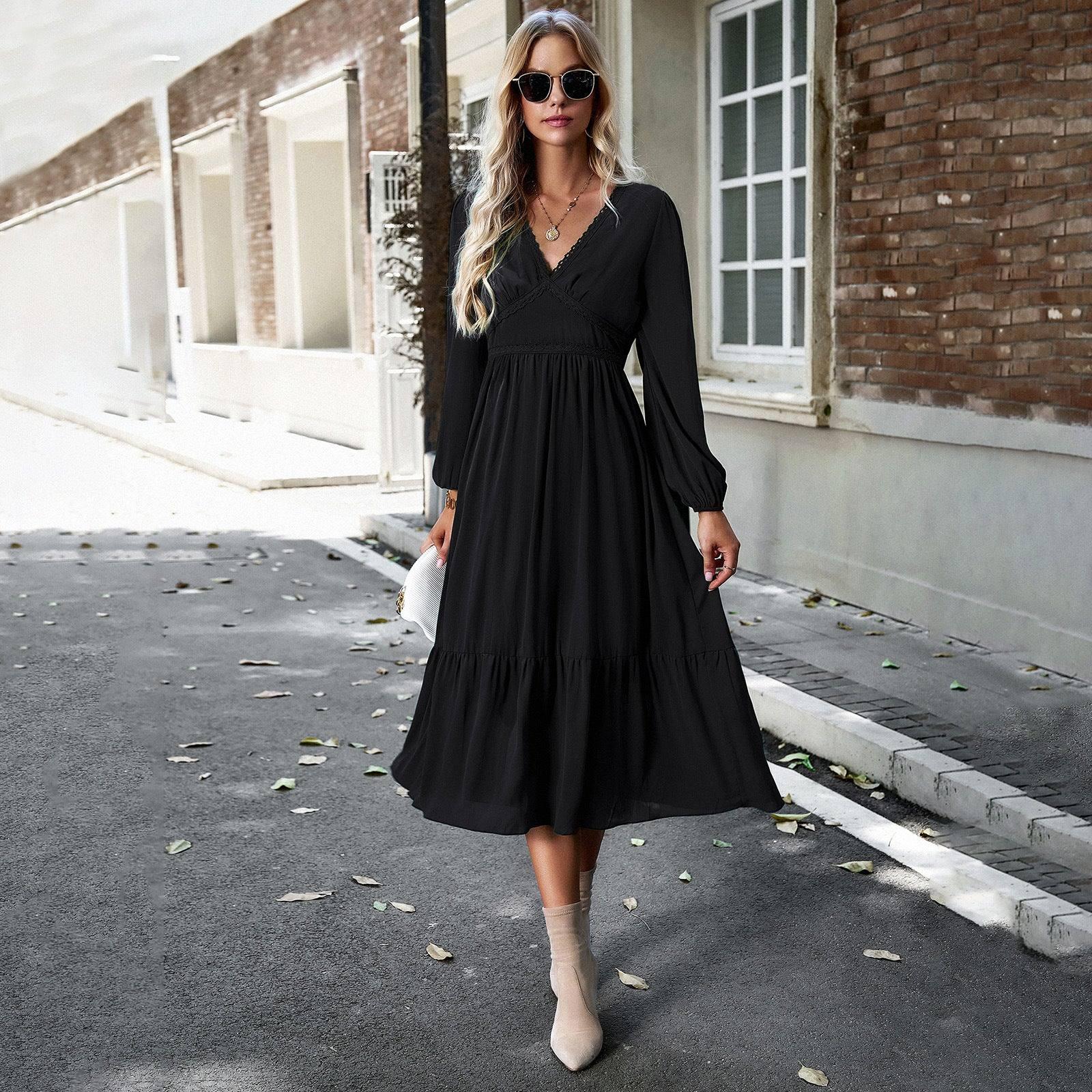 Elegant Solid Color And V-neck Long Dress-Black-6
