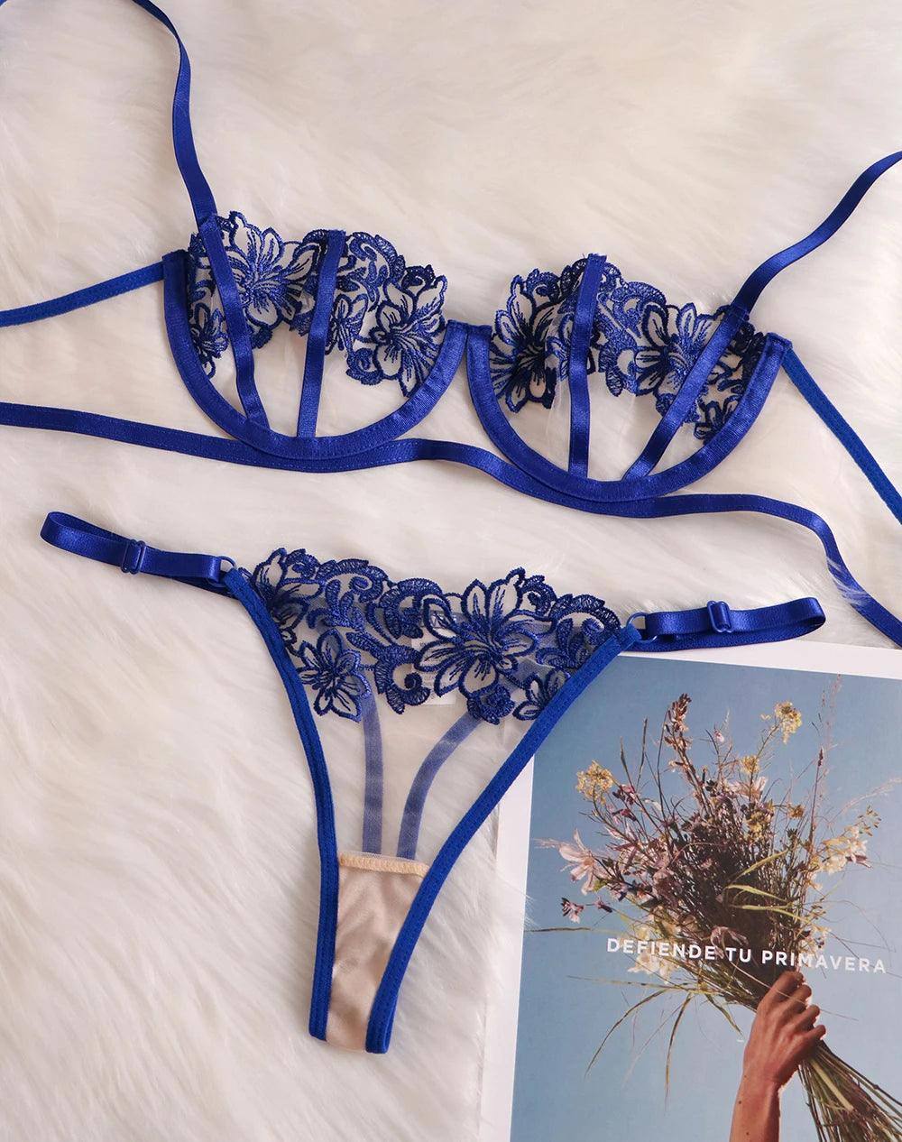 Ellolace Cobalt Lingerie Thongs Women's Underwear Set Woman-3
