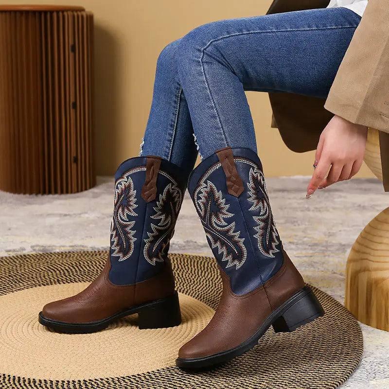 Embroidery Shoes Western Boots Chunky Mid Heel Cowboy Boots-2