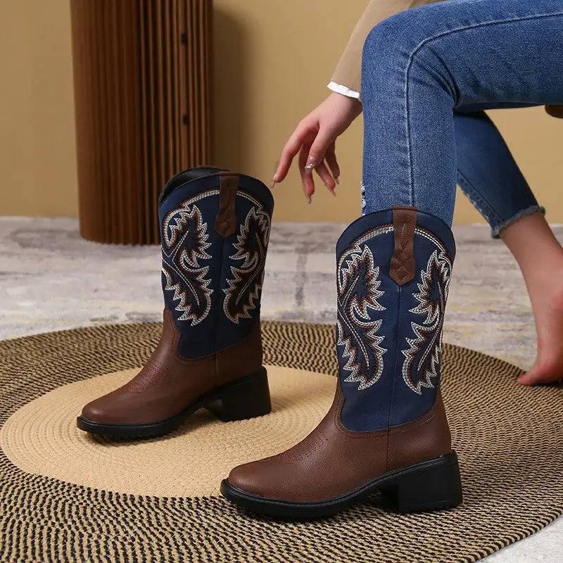 Embroidery Shoes Western Boots Chunky Mid Heel Cowboy Boots-3