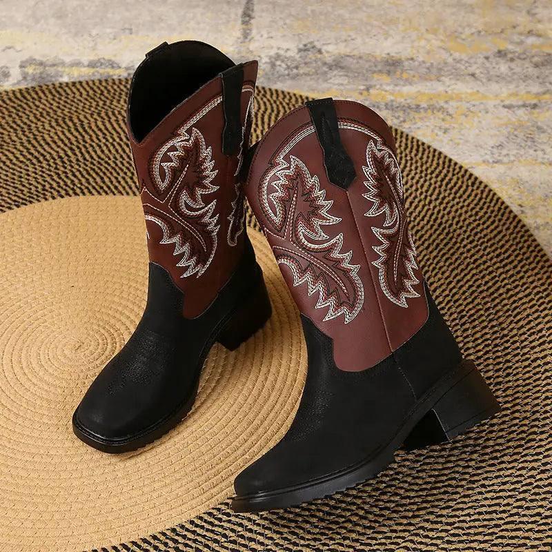 Embroidery Shoes Western Boots Chunky Mid Heel Cowboy Boots-5