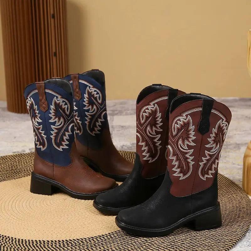 Embroidery Shoes Western Boots Chunky Mid Heel Cowboy Boots-6