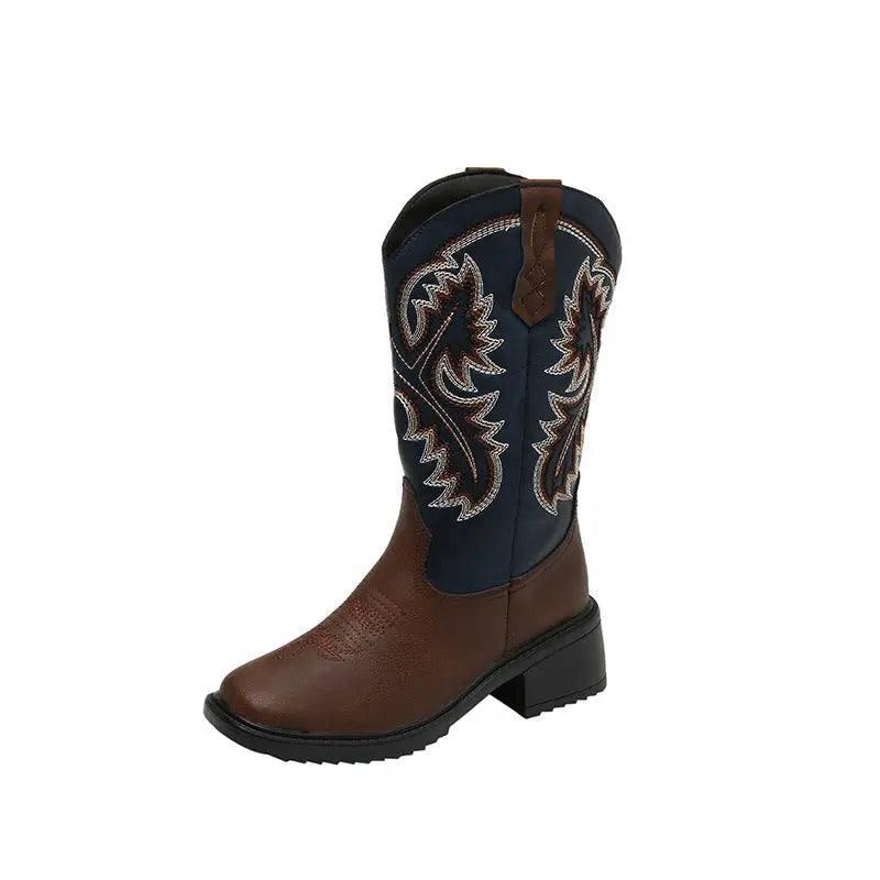 Embroidery Shoes Western Boots Chunky Mid Heel Cowboy Boots-Black-7