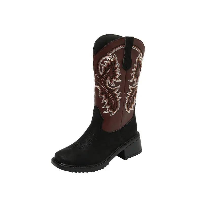 Embroidery Shoes Western Boots Chunky Mid Heel Cowboy Boots-Dark brown-8