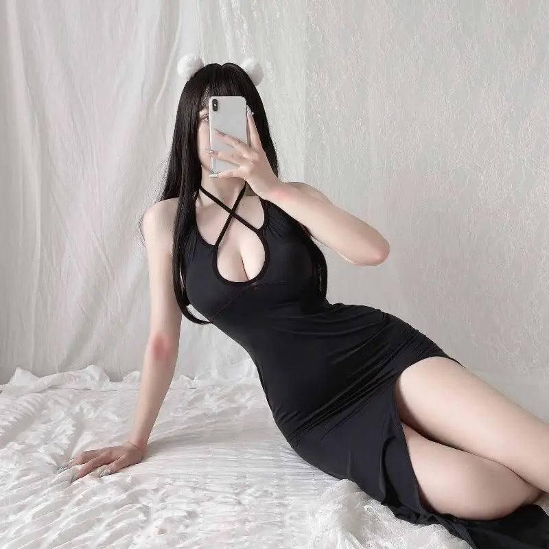 Erotic Lingerie Sexy Deep V Transparent Slit Long Skirt-Black-1