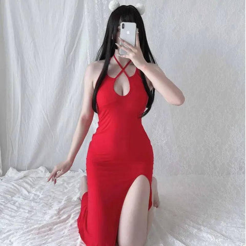 Erotic Lingerie Sexy Deep V Transparent Slit Long Skirt-Red-3