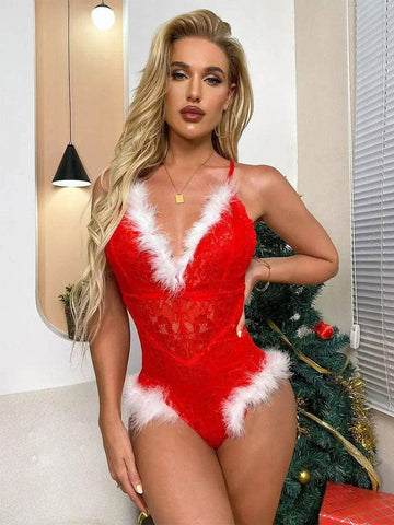 European And American Christmas Sexy Lingerie Set Stage-Red-2
