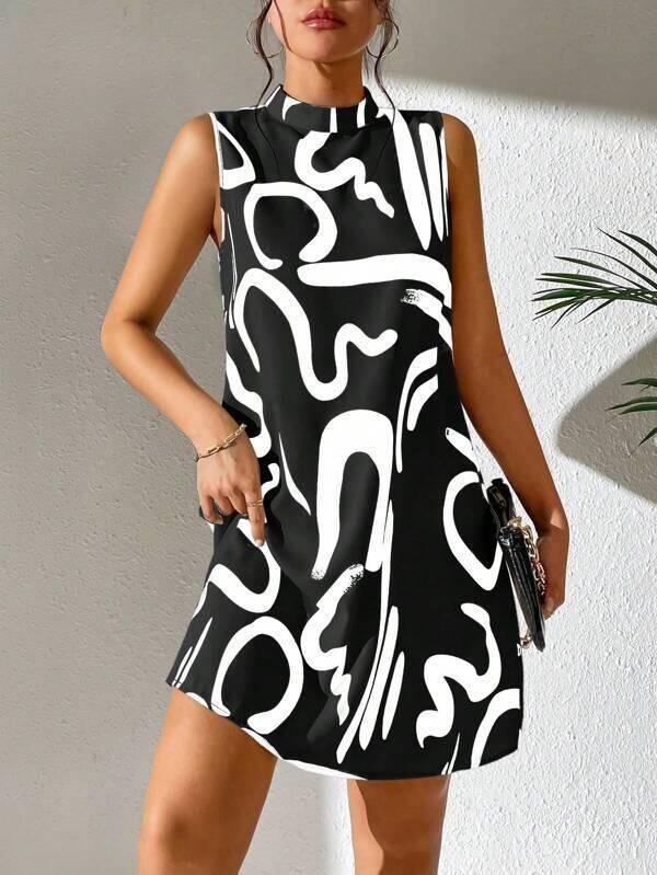 European And American Printed Stand Collar Dress-2